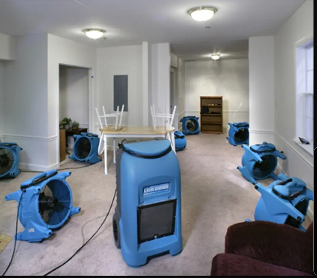 Air movers and dehumidifier setup for Water Damage Restoration in Old Lyme